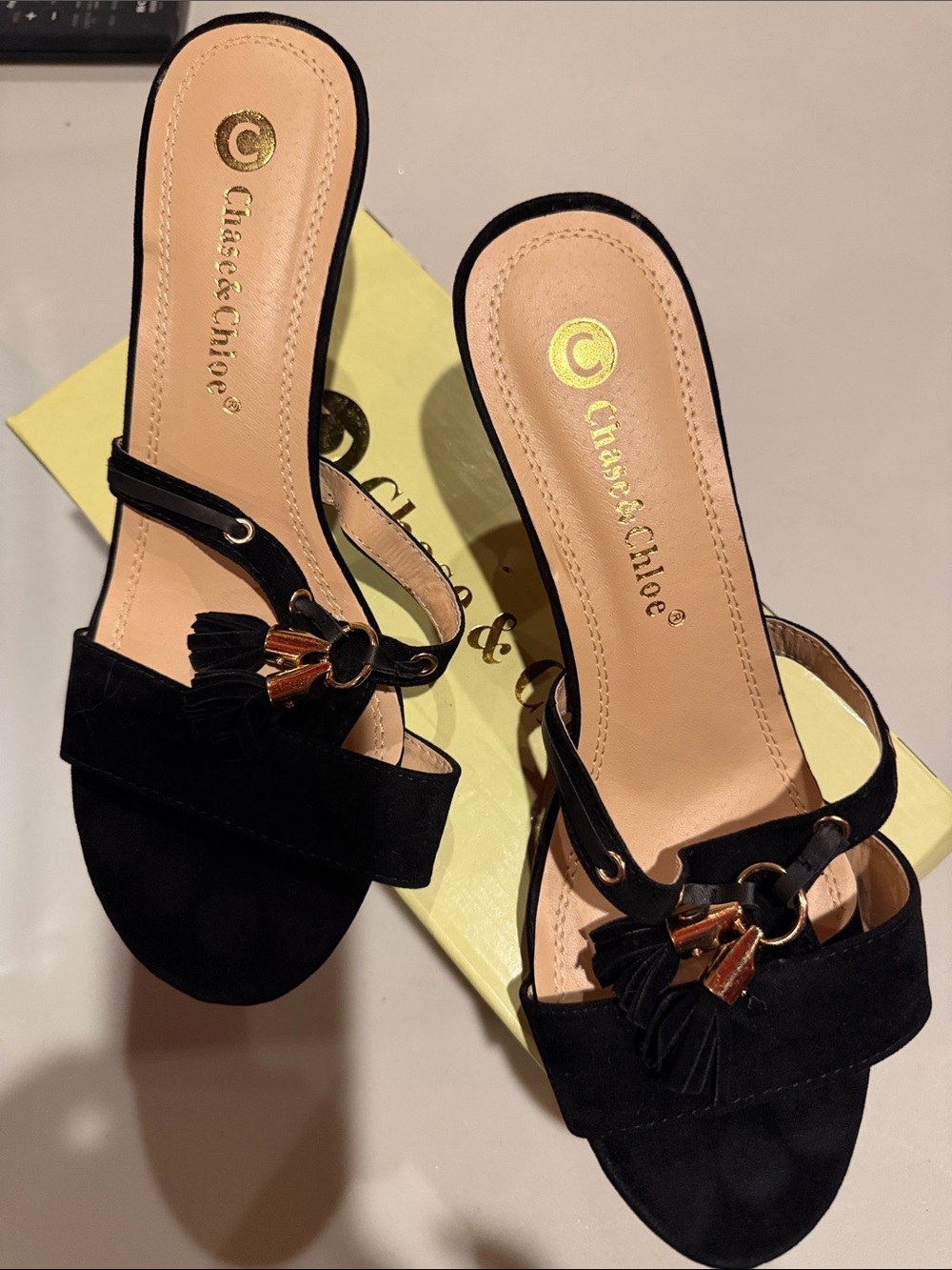 Chase + Chloe Black Suede Slide Mules with Tassel & Gold Accent